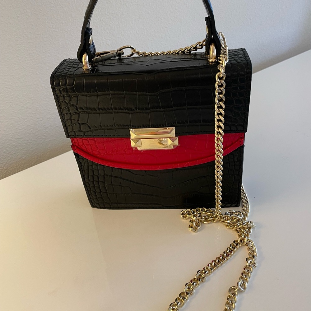 Persaman New York Croc Embosseded Leather  Satchel, Black/Red Color, New